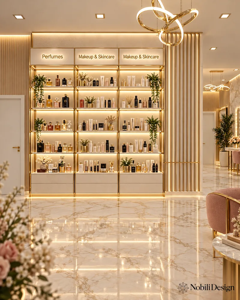 Zona de produse cu trei corpuri de rafturi luminate in rame aurii pentru parfumuri si cosmetice, peste sertare albe