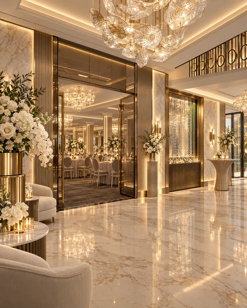 Intrarea din hol cu usi din sticla spre sala, candelabru cu petale din sticla, perete-cortina din cristal si pilastri riflati