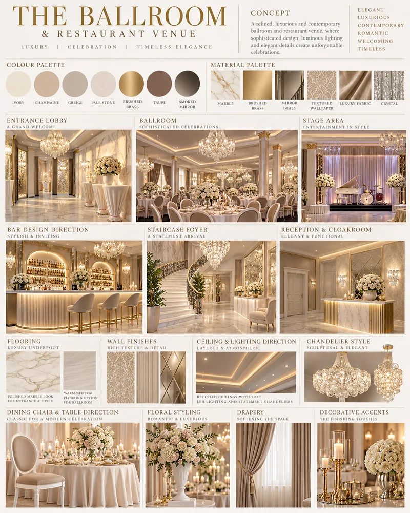 Moodboard pentru salonul de evenimente cu hol, sala, scena, bar, scara si garderoba, plus mostre de marmura si alama