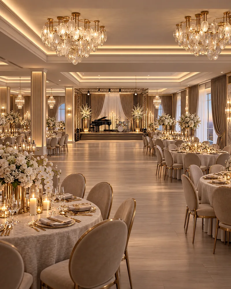 Sala de evenimente cu mese rotunde de banchet, scaune cu spatar oval, candelabre cu bule din sticla si scena cu pian