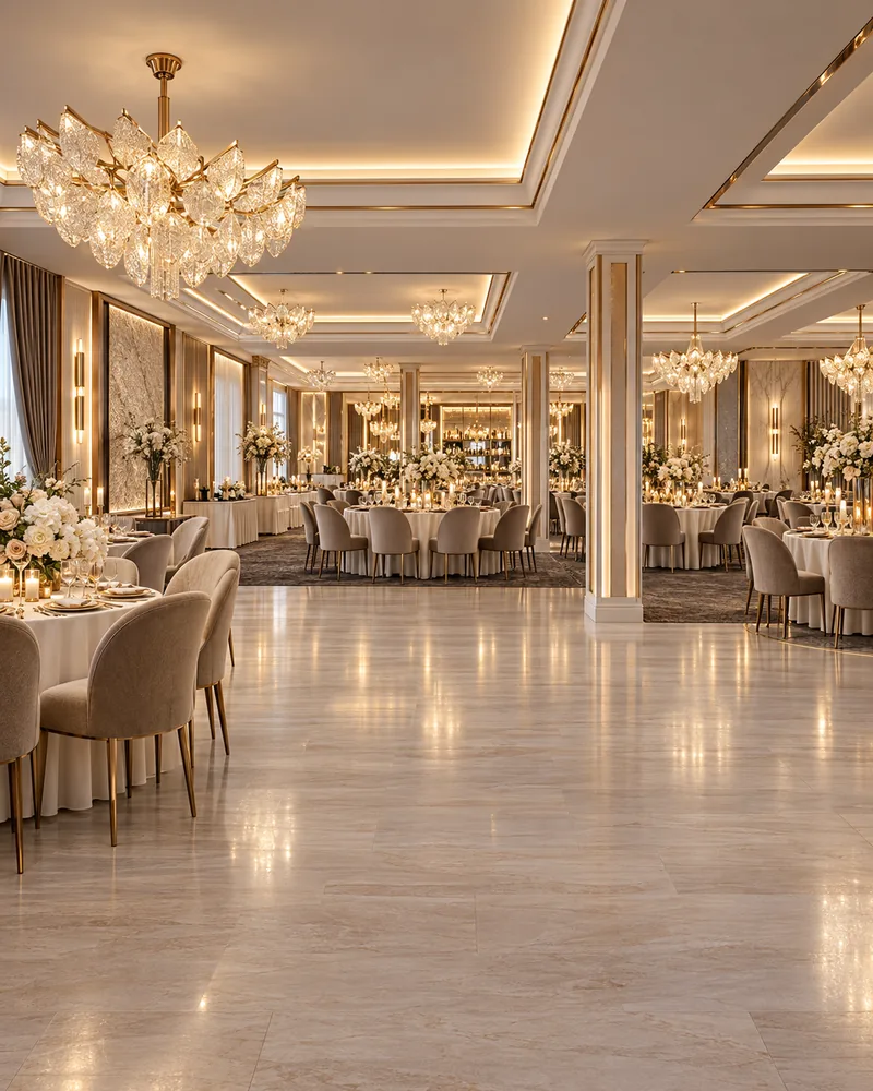 Sala cu pardoseala din piatra lustruita, coloane bordate cu alama, tavan casetat, candelabre de cristal si mese aranjate