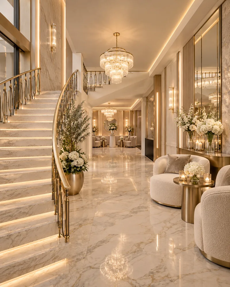 Holul scarii cu scara curba din marmura, trepte luminate LED, balustrada din alama, candelabru de cristal si fotolii boucle