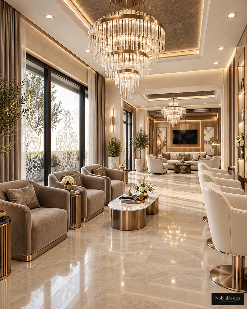Coafor cu fotolii din catifea taupe pentru asteptare, scaune de coafat crem, candelabre de cristal in etaje si marmura