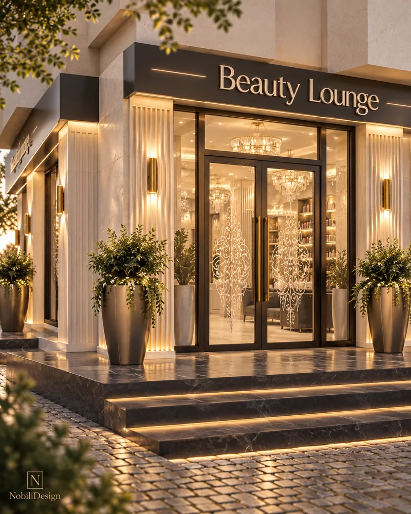 Intrarea in salon cu usi duble din sticla in rame negre, aplice din alama pe pilastri riflati si jardiniere din bronz