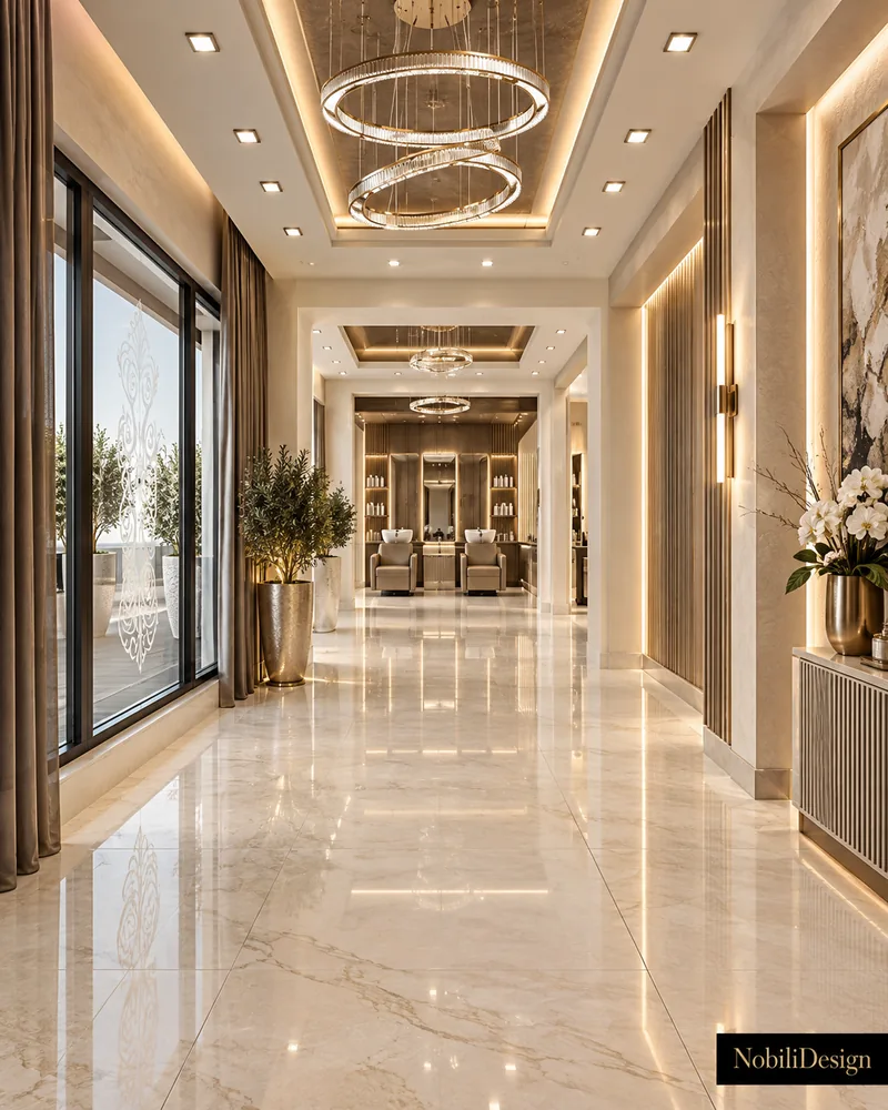 Hol de intrare cu marmura lustruita, candelabre de cristal in forma de inel, panouri riflate si vedere spre spalatoare