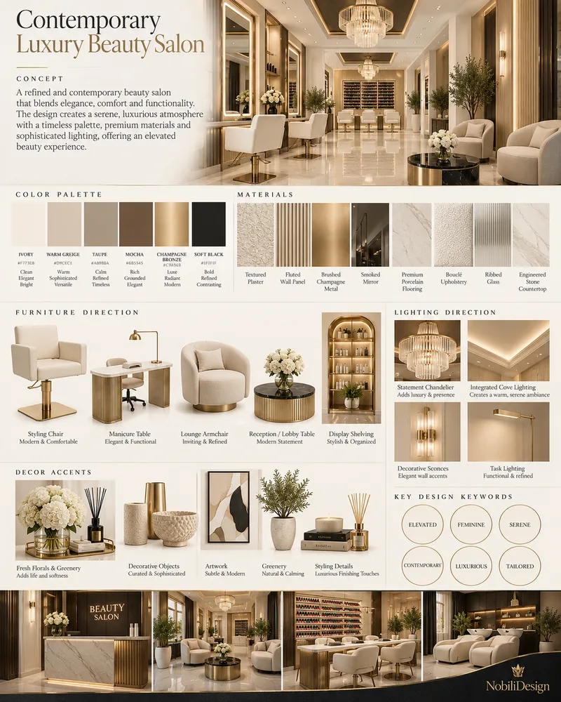 Plansa de concept pentru salon cu paleta ivoire, greige si bronz, panouri riflate, candelabre de cristal si scaune de coafat