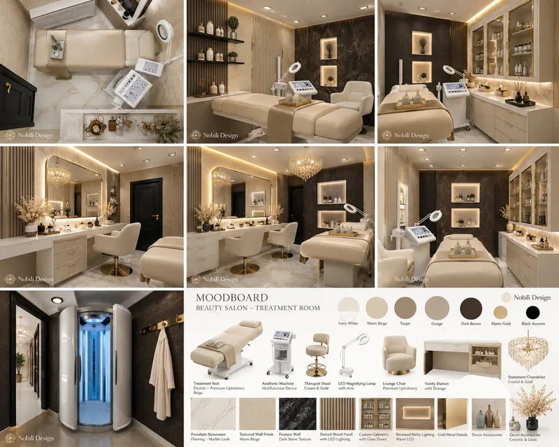 Moodboard pentru cabinetul de tratament cu pat bej, aparat facial, masuta de machiaj luminata, perete din piatra si solar