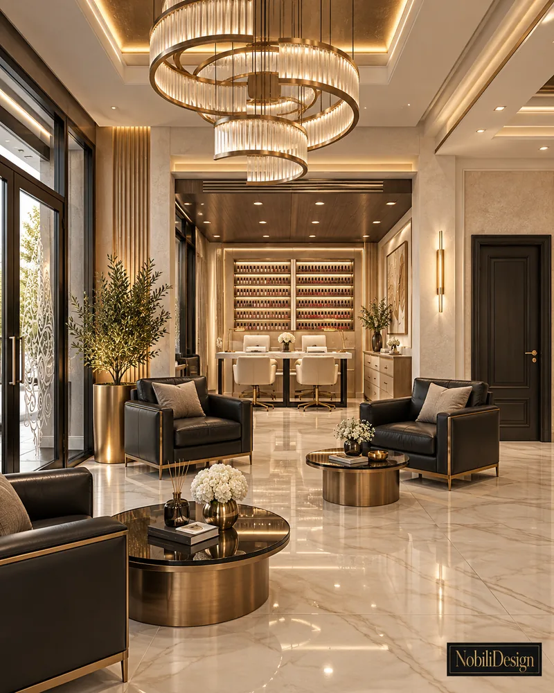 Receptie cu fotolii din piele neagra, mese rotunde din bronz, candelabru de cristal in spirala si usi vitrate la intrare