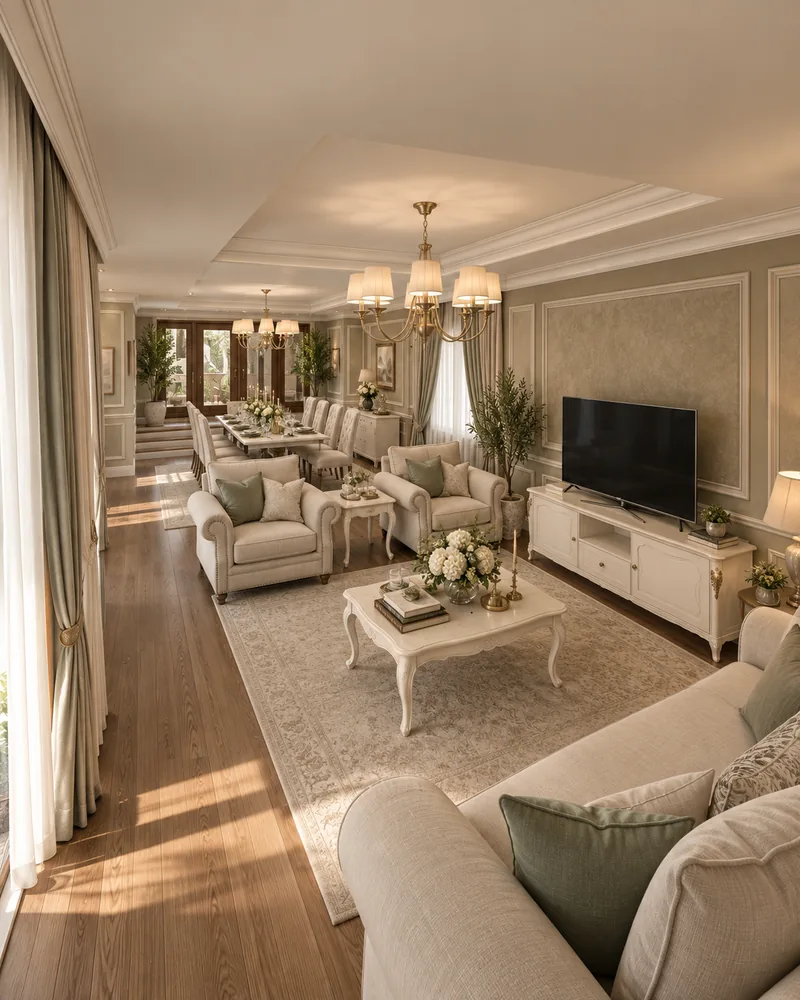 Salon de primire cu canapea din in, masuta ivoire sculptata si comoda TV, deschis spre o zona lunga de dining