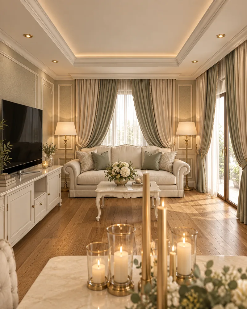 Salon de primire vazut de la masa: canapea cu brate rulate, masuta sculptata, lampadare din alama si comoda TV