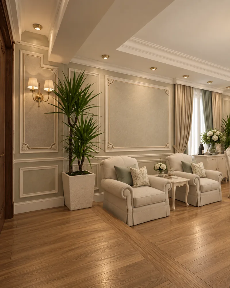 Colt de sezut in salonul de primire cu doua fotolii din in cu fusta, masuta laterala sculptata si o dracena in ghiveci