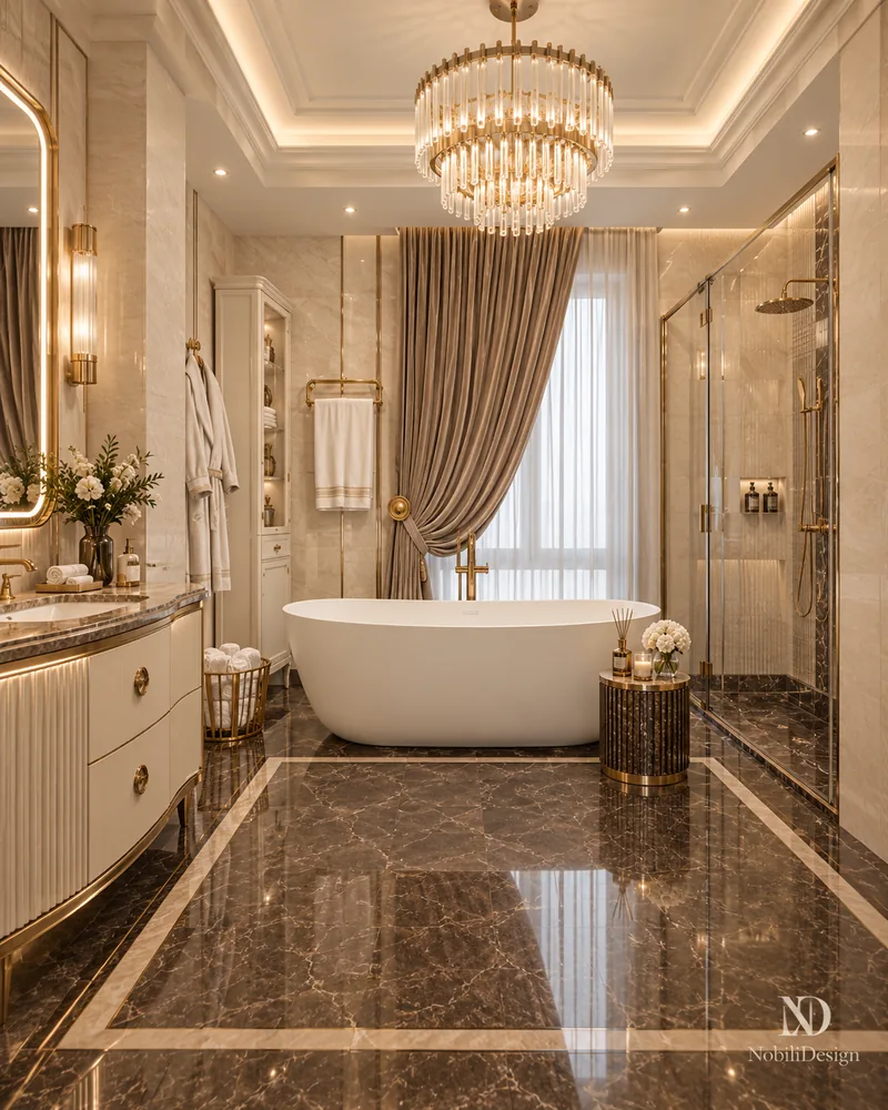 Baie matrimoniala cu cada independenta la o fereastra cu draperii, marmura inchisa, mobilier ivoire riflat si dus