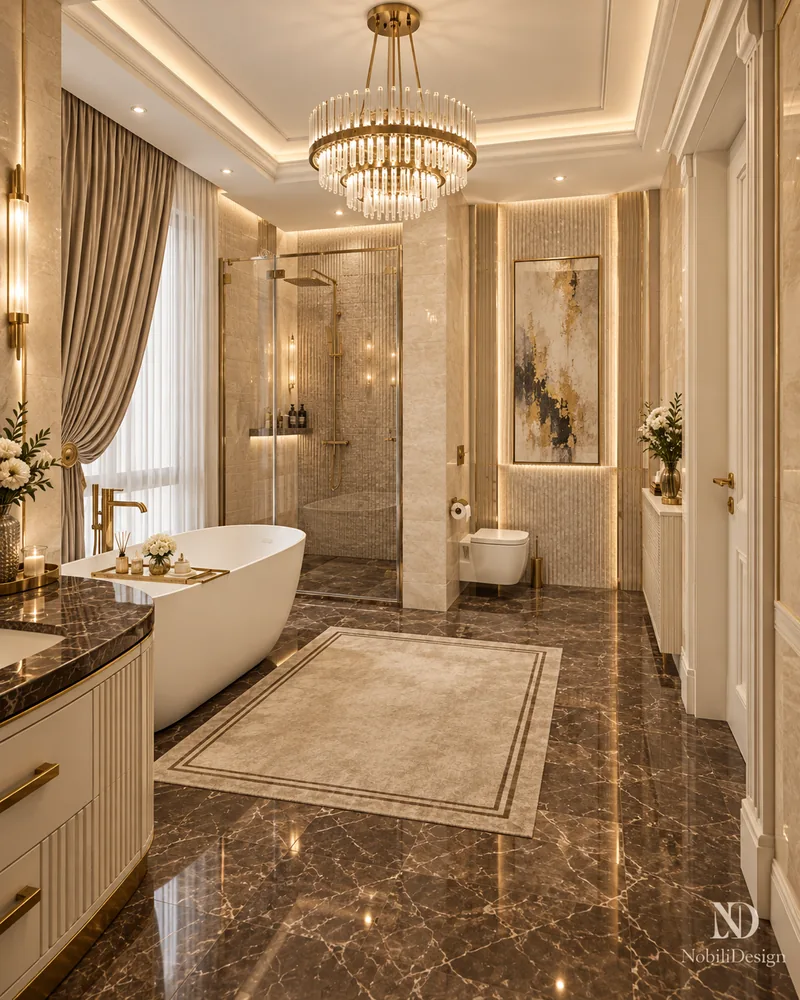 Baie matrimoniala cu dus walk-in din sticla, vas WC suspendat, tablou inramat, marmura inchisa si candelabru de cristal