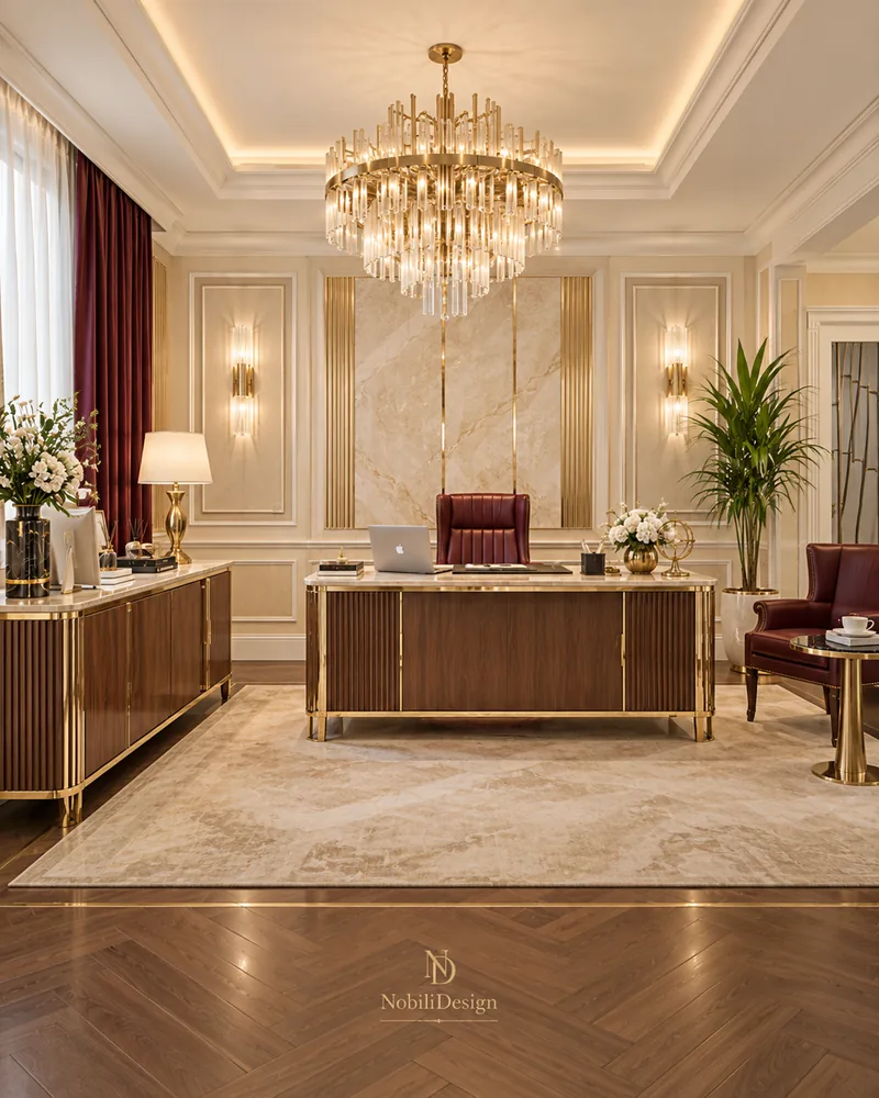 Birou privat cu birou executiv din nuc si auriu, scaun din piele bordo, perete accent din marmura si parchet in spic