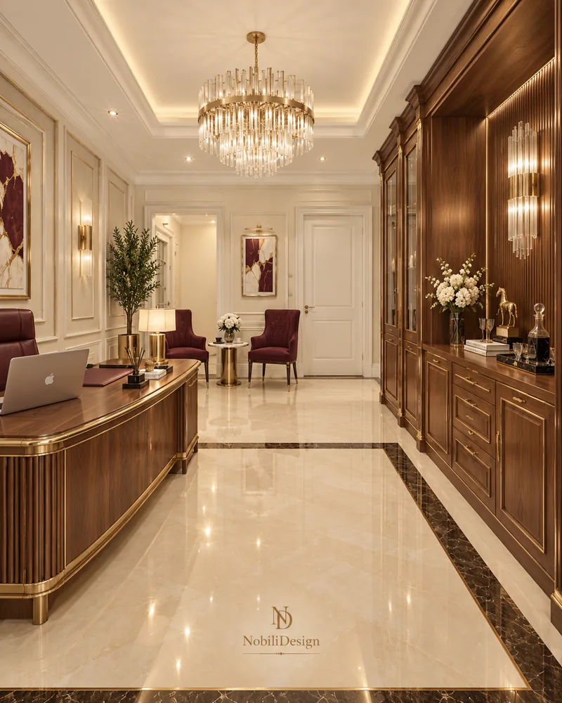 Birou privat cu birou curbat din nuc cu bordura aurie, vitrine din nuc, candelabru de cristal si pardoseala din marmura
