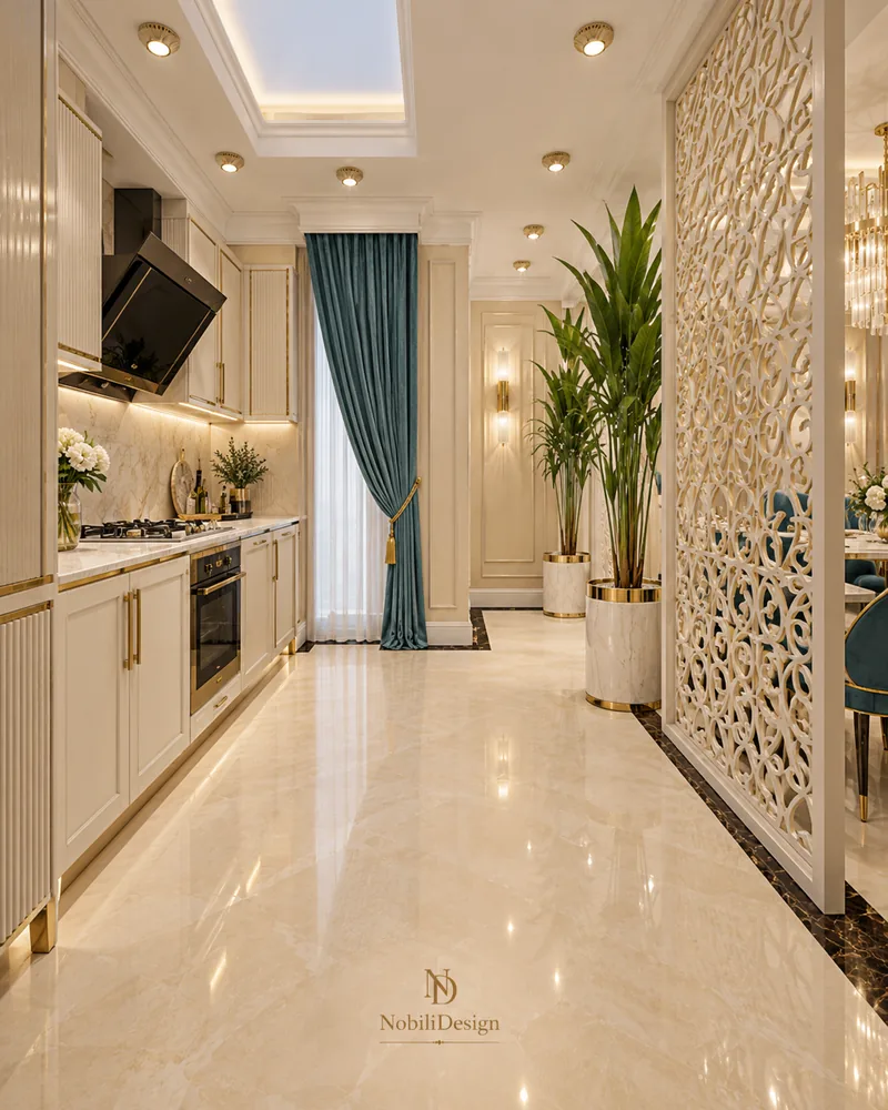 Bucatarie cu luminator, fronturi ivoire riflate, manere aurii, hota din sticla neagra si paravan traforat ornamental