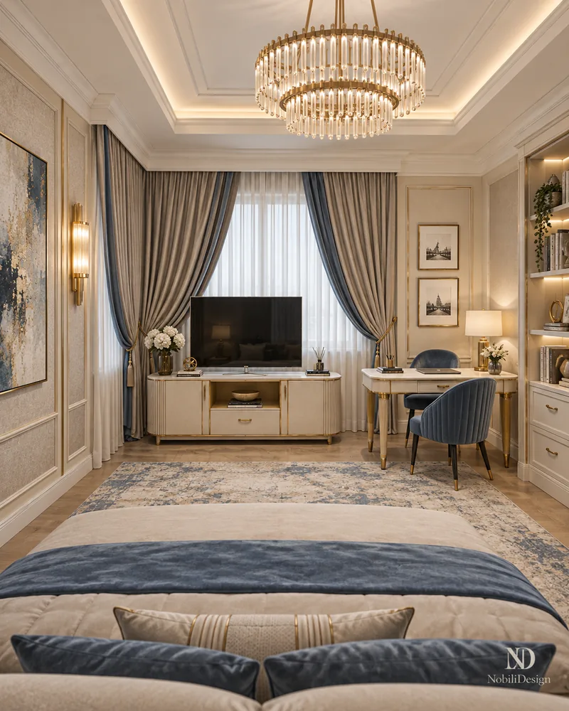 Camera copilului cu comoda TV crem, birou cu scaun din catifea albastra, candelabru de cristal si covor cu model albastru