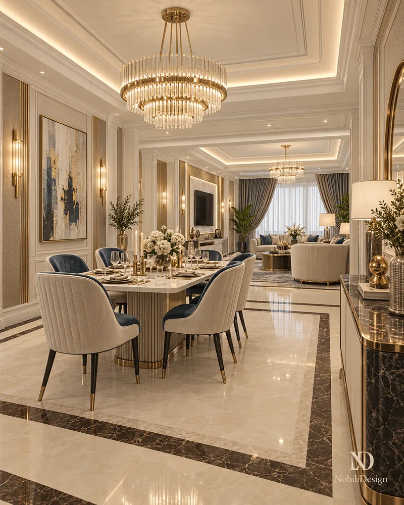 Sufragerie cu masa din marmura pe picior riflat, scaune cu spatar in canale cu sezut bleumarin si candelabru de cristal