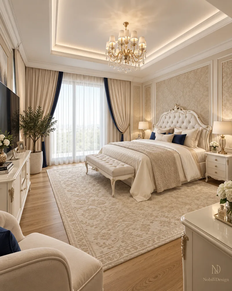 Dormitor matrimonial cu tablie ivoire capitonata, panouri damasc, accente bleumarin, banca tapitata si candelabru