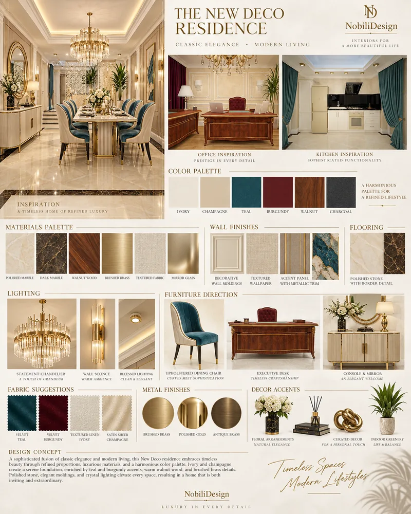 Plansa de concept in stil clasic cu referinte pentru birou si bucatarie, paleta turcoaz si bordo si finisaje