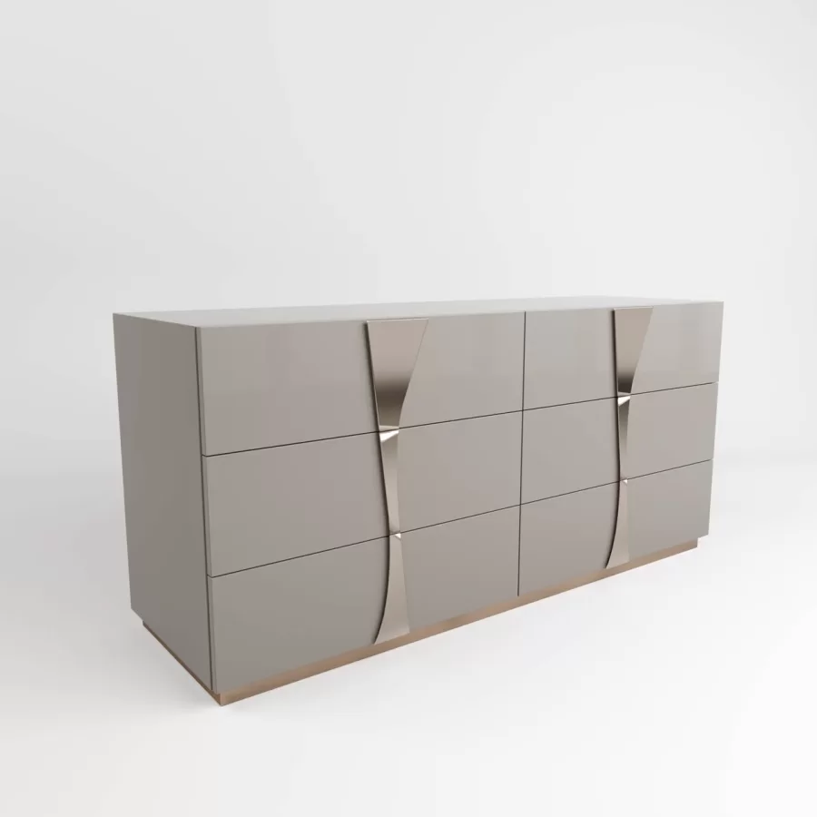 Comoda Krypton Epoque, lacuita cu manere sculptate din metal si blat lacuit