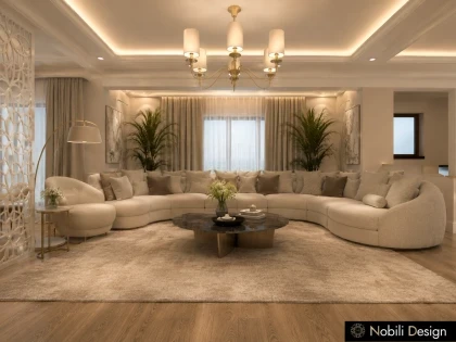Amenajarea livingului cu mobilier lumina si materiale premium