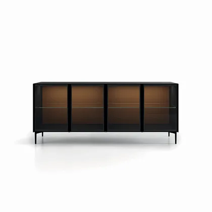 Comoda Glass Up Dallagnese, cu usi din sticla in rame din aluminiu negru, latime de la 90 la 180 cm