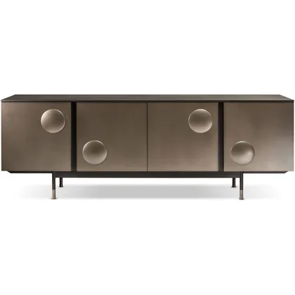 Comoda Melody sideboard Cantori, cu patru usi din lemn imbracate in metal cu segmente de sfera in relief, latime 216 cm
