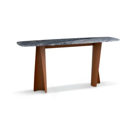Consola Ulisse Cantori, pe doua suporturi din tabla masiva curbate in spirala, cu blat din marmura, 180 cm latime