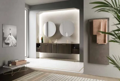 Mobilier baie CartaBianca eucalipt si Laminam Cerasa, mobila italiana de lux pentru baie, colectia Sistema CartaBianca