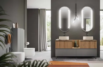 Mobilier baie Segno nuc Canaletto cu doua lavoare Cerasa, din colectia Sistema Segno, mobila italiana de baie