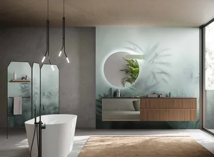 Mobilier baie Segno nuc Canaletto si cristal oglinda Cerasa, din colectia Sistema Segno, mobila italiana de baie